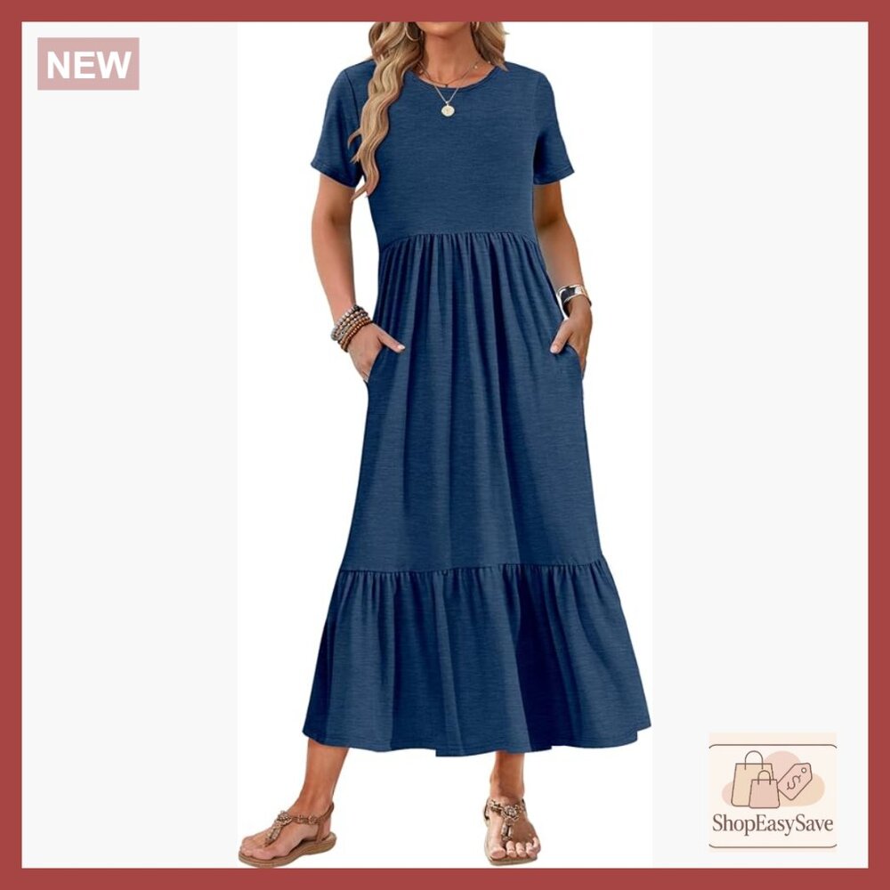Maxi Dress Short Sleeve Crewneck Casual Sundress with Pockets Elegant Summer